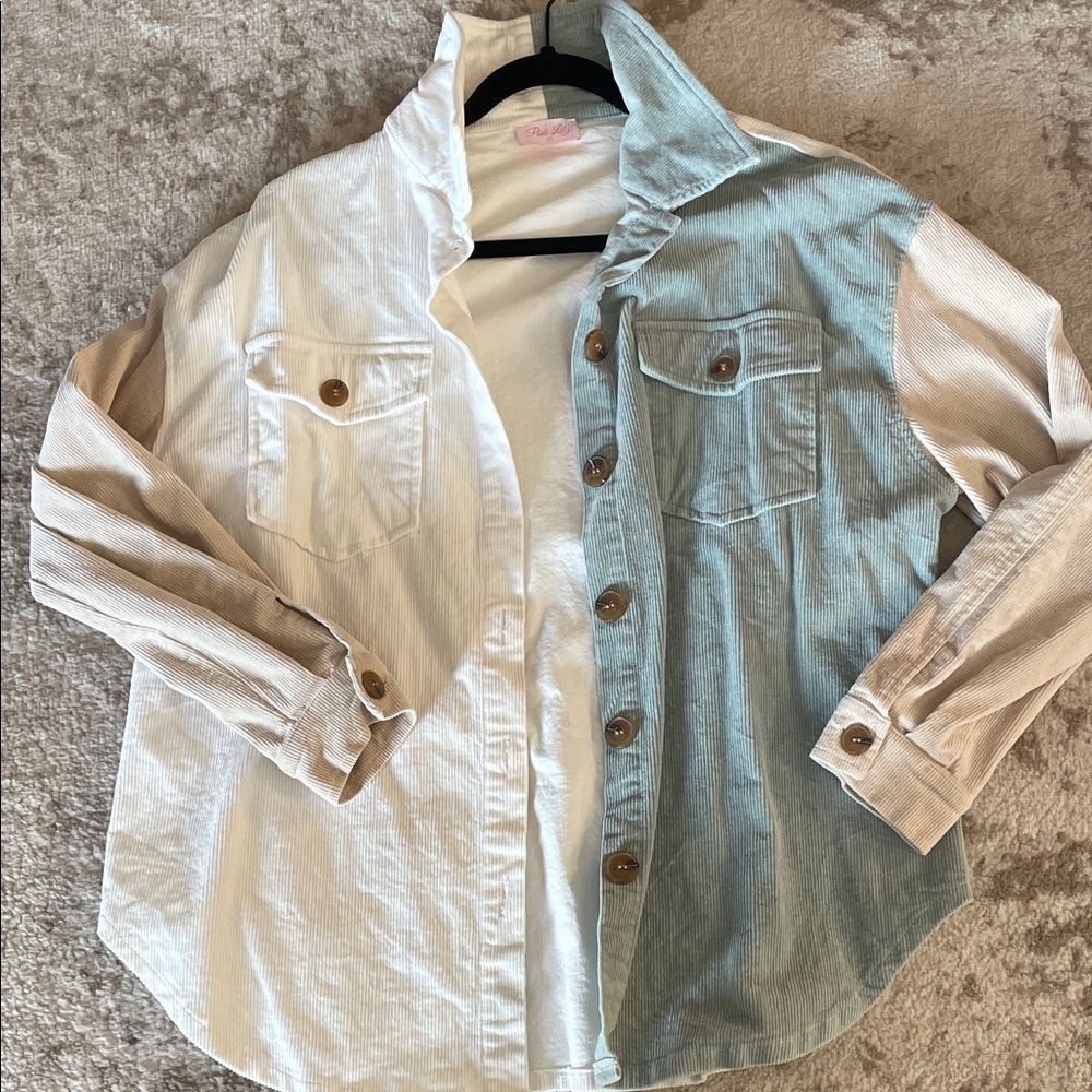 Pink Lily Women’s Button Down Shacket - Cream, Sage green, and Tan